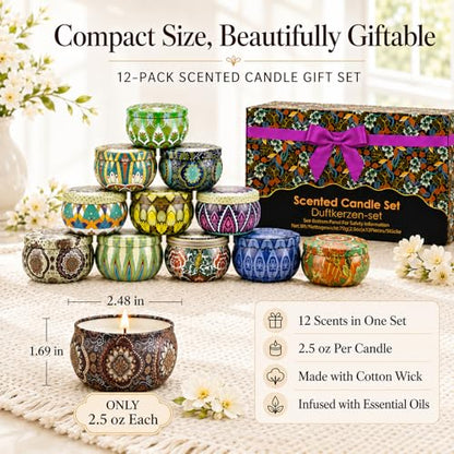 Scented Candles Gift Set, 12 Pack Soy Wax Aromatherapy Candles | 12 Scents, Gift Box Included, Travel Tin Design, Home Fragrance, Relaxation & Self Care, Birthday & Housewarming Gifts - color: Classic Candles-12 Pack