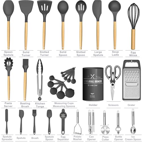 Umite Chef Silicone Kitchen Utensil Set, 34PCS Heat Resistant Kitchen Gadgets and Tools With Grater, Wood Handles for Nonstick Cookware (Dark Gray) - color: Dark Gray