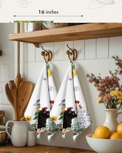 2pcs Cotton Waffle Kitchen Towels, Cat in Flowers | Waffle Weave, Terry Cloth, Pure Cotton, Sustainable, 16"x26", Highly Absorbent, with Hanging Loop, Giftable Package - color: Cat in Flowers