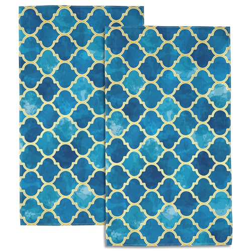 Blue Turquoise Green Moroccan Bath Hand Towels Set of 2, Geometric Decorative Bath Towels Soft Super Absorbent Hand Towels for Bathroom Hotel Gym Home Decor,14"X28" - color: Blue Turquoise Green Moroccan