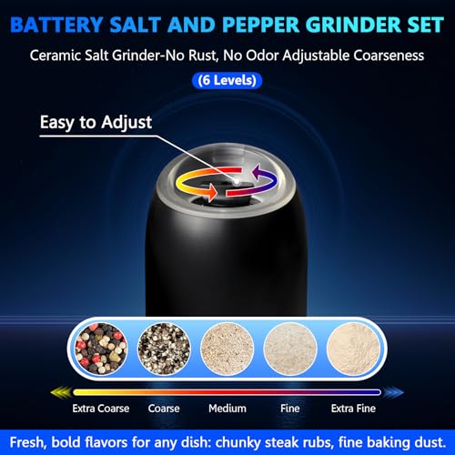 Gravity Electric Salt and Pepper Grinder,BoAn Battery Salt and Pepper Grinder Set,One-Hand Ceramic Larger Chamber Automatic Spice Mill,Adjustable Coarseness with LED Light for Kitchen New Home Gifts