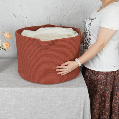 XUANGUO Extra Large Cotton Rope Round Storage Basket 22" x 14" Rustic | Woven basket for blankets, toys, towels, laundry, nursery, living room and pet toy storage. - color: rustic
