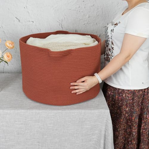 XUANGUO Extra Large Cotton Rope Round Storage Basket 22" x 14" Rustic | Woven basket for blankets, toys, towels, laundry, nursery, living room and pet toy storage. - color: rustic