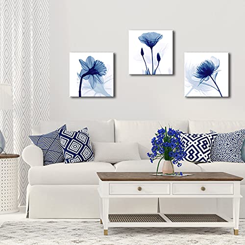 Wieco Art Blue Abstract Flowers 3 Panels Giclee Canvas Prints Wall Art Modern Pictures Artwork for Living Room Bedroom and Home Decorations - size: 12x12inchx3pcs (Unframed)