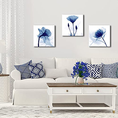 Wieco Art Blue Abstract Flowers 3 Panels Giclee Canvas Prints Wall Art Modern Pictures Artwork for Living Room Bedroom and Home Decorations - size: 12x12inchx3pcs (Unframed)