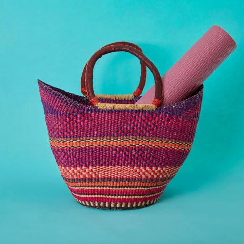 Wicker Basket Tote Bag, Purple and Pink, 16 Inch Wide - color: Pink, Purple