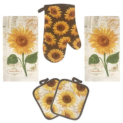 Golden Sunflower Kitchen Towel 5 Piece Linen Set 2 Towels 2 Pot Holders 1 Oven Mitt - color: Sunflower