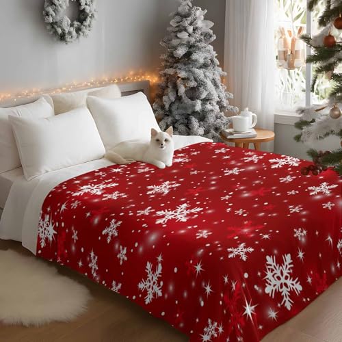 Christmas Throw Blanket, Red White Snowflakes Super Soft Warm Flannel Blankets for Bed Couch Sofa Winter Shiny Stars Xmas Snow Red Lightweight Fluffy Plush Bed Throws 50x60 Inch - color: Red, size: 50''x60''
