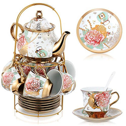 Zhehao 20 Pcs Porcelain Tea Set with Metal Holder and Spoon Adult Ceramic Tea Set European Flower Painting Teapot Cup Saucer Spoon for Women Mom Gift, Large Version (Bright Style) - color: Bright Style