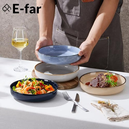E-far 35oz Stoneware Pasta Bowls Set of 4, Double Reactive Glaze | Wide & Shallow Ceramic Pasta Plates for Serving Salad Soup Dinner, Dishwasher & Microwave Safe, Multicolor - color: Multicolor