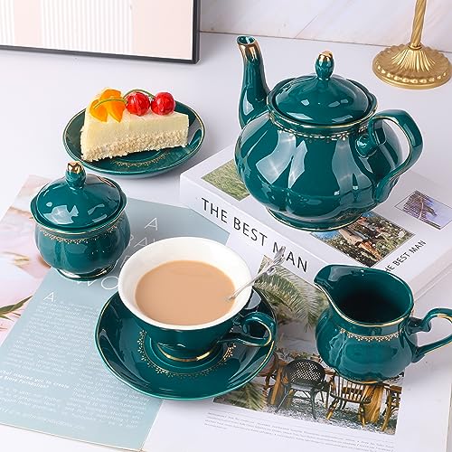 CHENP.HMC Tea Set 22-Piece Porcelain Ceramic Coffee Tea Sets Cups Saucer Service for 6 Teapot Sugar Bowl Creamer Pitcher and Teaspoons Porcelain Tea Set (Dark Green) - color: Dark Green