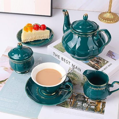 CHENP.HMC Tea Set 22-Piece Porcelain Ceramic Coffee Tea Sets Cups Saucer Service for 6 Teapot Sugar Bowl Creamer Pitcher and Teaspoons Porcelain Tea Set (Dark Green) - color: Dark Green