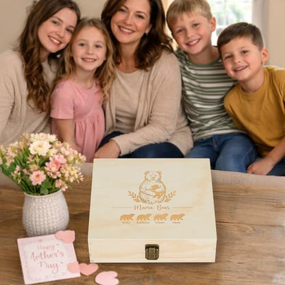 Personalized Wooden Memory Box for Mom – Custom Engraved Mama Bear Keepsake Box with Names, Mother’s Day Gift for Mom, Photo Storage & Memory Chest - style: 19. Mama Bear Designs