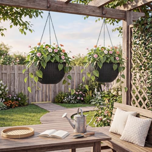 13.8 Inch Self Watering Hanging Planter, 2PCS Round Resin Hanging Basket for Indoor Outdoor Plants, Rattan Look Flower Pot with Drainage Plug, Deep Inner Pot and Sturdy Metal Triple-Chain Hanger - color: Black