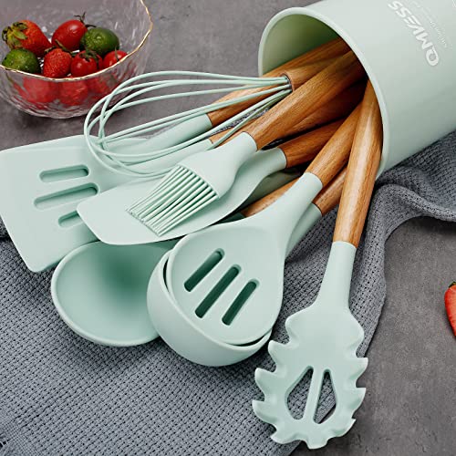 QMVESS Silicone Kitchen Utensils Set, 35 Pcs Non-Stick Cooking Utensils Set, Sturdy Insulation Wooden Handle Kitchen Accessories for Cooking with Spatula Set and Spoons Set Gadgets (Light Green) - color: Light Green