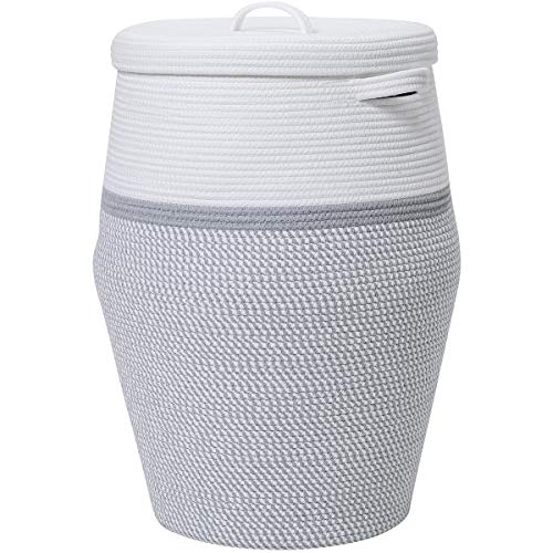 26"x20" Extra Large Tall Woven Laundry Basket with Lid, Cotton Rope Blanket Storage Basket, Freestanding Decorative Bin for Bedroom Living Room, White & Light Grey - color: White/Grey Mix, size: 26"x20"