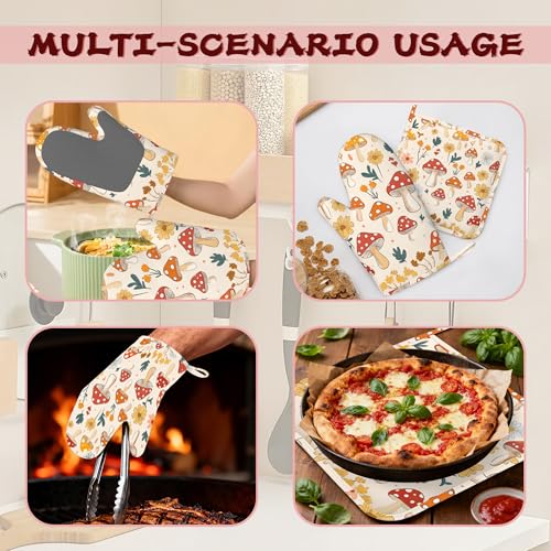 Retro Mushroom Daisy Flowers Silicone Oven Mitts and Pot Holders,Heat-Resistant 4 Piece Kitchen Set Non-Slip Oven Gloves and Hot Pads for Cooking, Baking, Grilling,BBQ - color: Retro Mushroom Daisy Flowers