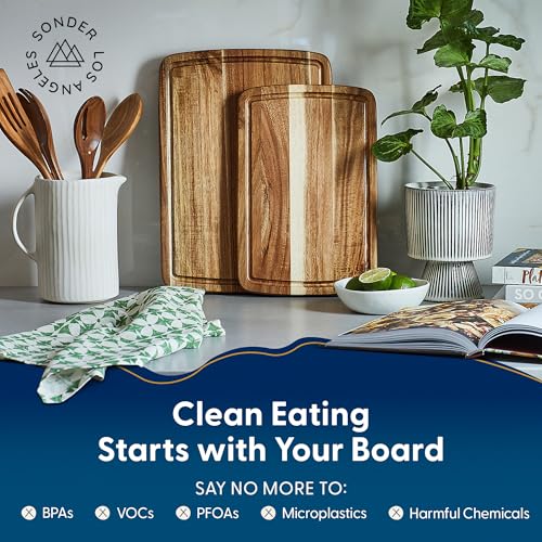 Sonder LA Doheny Duo Small Acacia Wood Cutting Board Set, 14x10x1 & 12x8x1" | Non-toxic, Edge Grain, Juice Groove, Thickness Prevents Warping, Compact Daily Use, Built-in Handles, Gift Box, 3 lbs & 2 lbs - color: Doheny | Acacia | Edge Grain