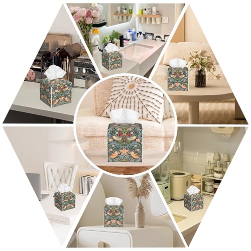 Strawberry Thief Tissue Box Cover Square, William Morris Tissue Box Holder with Bottom Belt Leather Facial Paper Organizer Dispenser for Bathroom Bedroom Dresser Night Stand Tabletop - color: Strawberry Thief
