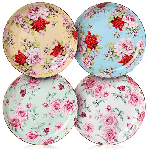 BTaT- Floral Dessert Plates Ceramic, Set of 4, 8 Inch, Assorted Colors with Golden Rim, Deep Porcelain Floral Plates Set of 4, Dishwasher Safe - color: Floral, size: 4 Pack