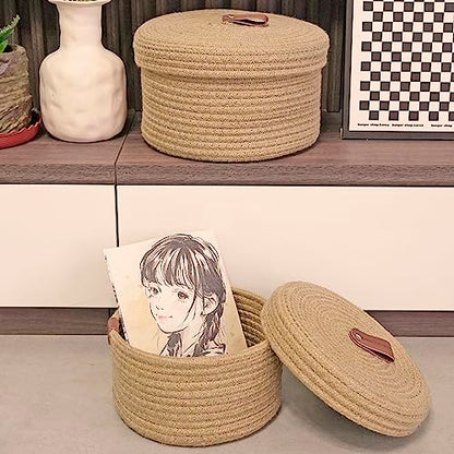 Set of 2 Round Jute Rope Storage Baskets with Lids -Leather Handles- Decorative Woven Organizer Bin for Home, Kitchen, Nursery,Small Basket