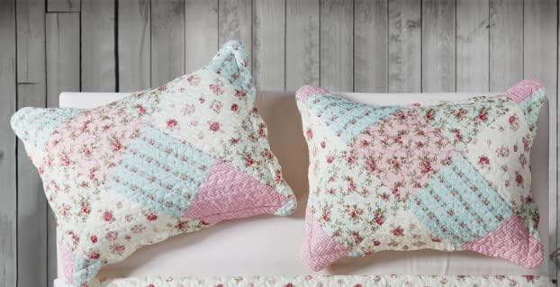 Brilliant Sunshine Pink & Green Roses Pillowshams Set, 20"x26"+2" | Patchwork Design, Quilted Standard Pillowcases, Washable Scallop Edge Pillow Covers, Pack of 2 - color: Pink Green, size: 20 x 26 inches