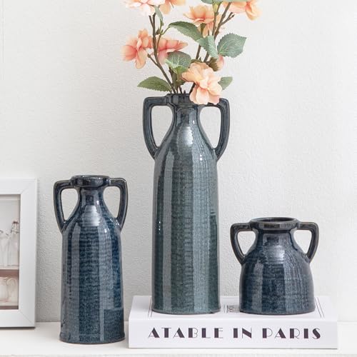Ceramic Vase Set of 3, Rustic Flower Vases for Home Decor | Terracotta Bud Vases Decoration for Farmhouse Style, Perfect for Centerpieces, Shelves, Mantle, Fireplace, Coffee Table - color: 105-blue