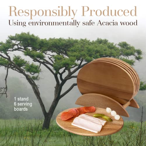 Woodard & Charles Acacia Wood 6 Serving Boards with Stand, 7 Piece Set | 9.5" x 6.5" Wood Serving Boards on a Stand; Serve Sushi, Cheese, Charcuterie, Appetizers and Small Bites for Any Party - color: Brown, size: 7 Piece Set