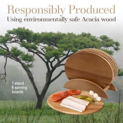 Woodard & Charles Acacia Wood 6 Serving Boards with Stand, 7 Piece Set | 9.5" x 6.5" Wood Serving Boards on a Stand; Serve Sushi, Cheese, Charcuterie, Appetizers and Small Bites for Any Party - color: Brown, size: 7 Piece Set
