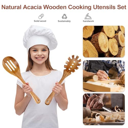 Wooden Cooking Utensils, 6 Pieces Natural Acacia Wooden Spoons For Cooking with Non Stick & Heat Resistant Design, Wooden Kitchen Utensil Set with Hanging Hole for Stirring, Mixing, Cooking - color: Natural