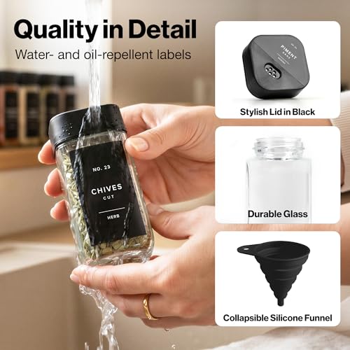 Square Glass Spice Jars with Label and Black Rotating Lids (24 x 4oz) Spice Containers with 240 Labels, Shaker Inserts, Silicone Funnel, Empty Square Empty Square Seasoning Organizer