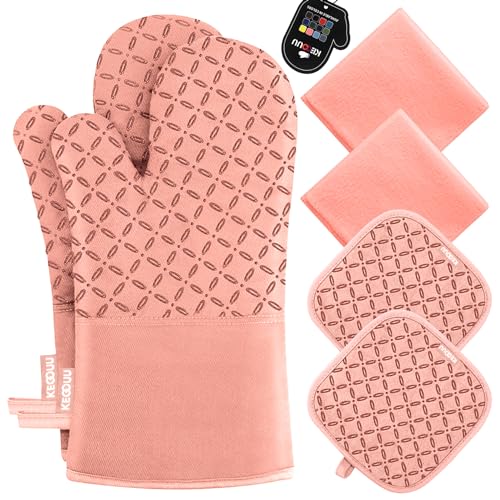 KEGOUU Oven Mitts and Pot Holders 6pcs Set, Kitchen Oven Glove High Heat Resistant 500 Degree Extra Long Oven Mitts and Potholder with Non-Slip Silicone Surface for Cooking (Pink) - color: Pink