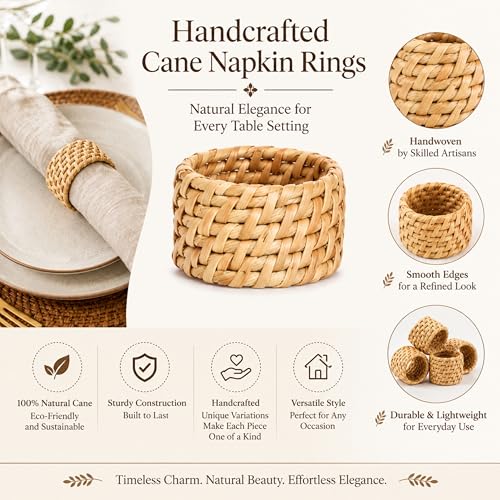 Alpha Living Home Rattan Napkin Rings, Natural, Set of 12 | Handwoven natural cane, 2 in. W x 1.25 in. H, fits cloth napkins, rustic boho style, reusable, weddings & everyday dining - color: Camel Brown, size: 12- Pack
