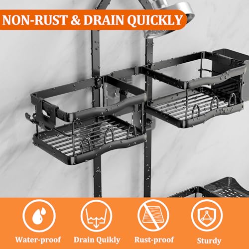 Shower Caddy Hanging Shower Head,Rustproof Hanging Shower Caddy Over Showerhead Bathroom Shower Caddies Shelf Organizer Rack For Sponge,Shampoo,Soap Storage,With Razor-Hooks,Black