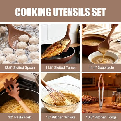 Utensil Sets,18-Piece Silicone Cooking Utensils and Knife Set,Mousse | Dishwasher-Safe Kitchen Utensils,Large Capacity Countertop Organizer for Knives,Utensils,Cutting Board - color: Mousse
