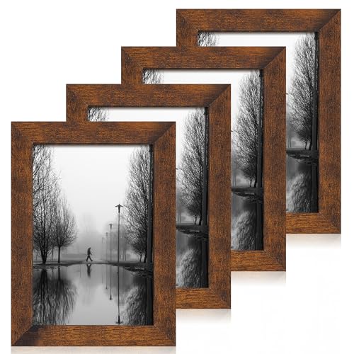iRahmen 6x9 Picture Frame Set of 4, High Definition Real Glass Rustic Frame, 6 x 9 Wood Photo Frames for Tabletop Display and Wall Mounting - color: Dark Brown, size: 6X9