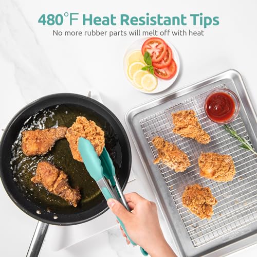 U-Taste 480ºF Heat Resistant Food Grade Silicone Spoon Spatula Set of 3 (Multicolor), and 480℉ Heat-Resistant Food-Grade Non-Stick Firm Cooking Tong 9 inch (Aqua Sky)