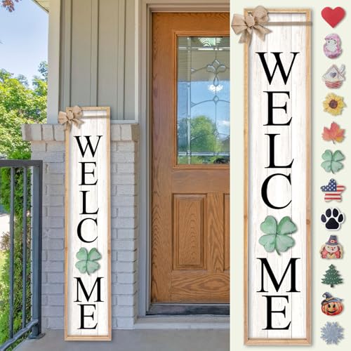 TQianJiang Interchangeable Welcome Sign Front Porch Standing 45"X9" Wood | 12 Pcs Replaceable Signs Vertical Leaner Wood Framed Outdoor Decor - color: Interchangeable Welcome (Wood White)
