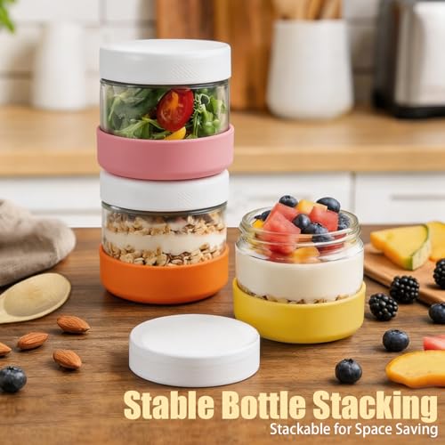 6-Pack 8oz Glass Overnight Oats Containers with Lids and Silicone Sleeves | Stackable Mason Jars Wide Mouth Meal Prep Jars for Yogurt Chia Salad Snacks Sugar - Leakproof Food Storage Jars - size: 8oz