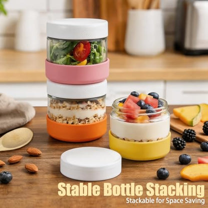 6-Pack 8oz Glass Overnight Oats Containers with Lids and Silicone Sleeves | Stackable Mason Jars Wide Mouth Meal Prep Jars for Yogurt Chia Salad Snacks Sugar - Leakproof Food Storage Jars - size: 8oz