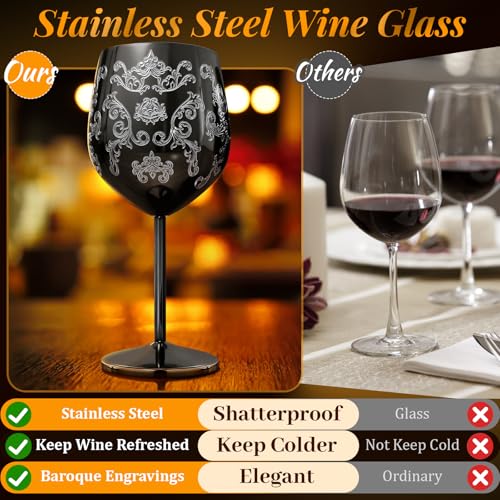 Lifecapido Stainless Steel Wine Glasses Set of 2, 18oz Etched Black Wine Goblets, Unique Wine Glasses with Intricate Baroque Engravings for Party Wedding Anniversary - color: Black