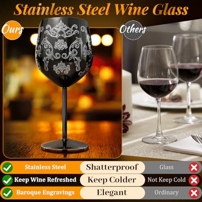 Lifecapido Stainless Steel Wine Glasses Set of 2, 18oz Etched Black Wine Goblets, Unique Wine Glasses with Intricate Baroque Engravings for Party Wedding Anniversary - color: Black