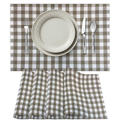 Premium Gingham Check Cloth Placemats by Carlo Lamperti Italy (Set of 4) 100% Cotton Taupe Plaid Place Mats, 20x14 Jacquard Woven Cloth Stain Release Fabric for Dining Table, Machine Wash - color: Taupe