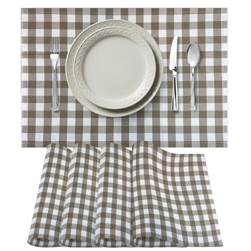 Premium Gingham Check Cloth Placemats by Carlo Lamperti Italy (Set of 4) 100% Cotton Taupe Plaid Place Mats, 20x14 Jacquard Woven Cloth Stain Release Fabric for Dining Table, Machine Wash - color: Taupe