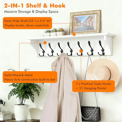 33" Coat Rack with Shelf Wall Mount, Pre-Assembled Solid Wood Coat Hooks with Shelf, Wall Coat Hanger with 7 Metal Triple-Hooks for Hanging Hat, Key,Clothes,Towel, for Entryway,Bedroom,Bathroom, White - color: White