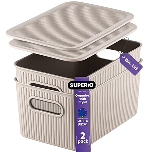 Superio Ribbed Collection - Decorative Plastic Basket Lidded Home Storage Bins Organizer, Medium Taupe (2 Pack - 5 Liter) Stackable Container Box, for Organizing Closet Storage Bins for Shelves - size: 2 Pack