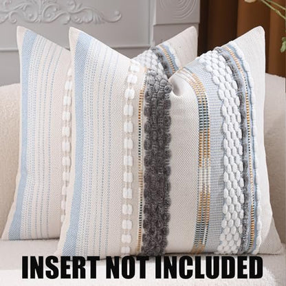 Boho Throw Pillow Covers 18x18 Set of 2 Grey Blue White | Durable Fabric,Stripe Pillow Covers,Farmhouse Cushion Case,Chenille Pillow Cases,Neutral Pillowcase for Sofa Couch Bed - color: Grey Blue White Stripe, size: 18" x 18" (Pack of 2)
