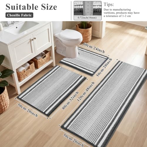 HEBE Chenille Bathroom Rugs Sets 3 Piece, Non Slip Washable Bath Mats Set | Absorbent Bathroom Mat Set, Soft Bath Rugs, Ultra Plush Bath Mat and U-Shaped Contour Toilet Rug Set for Tub Shower, Grey - color: Grey