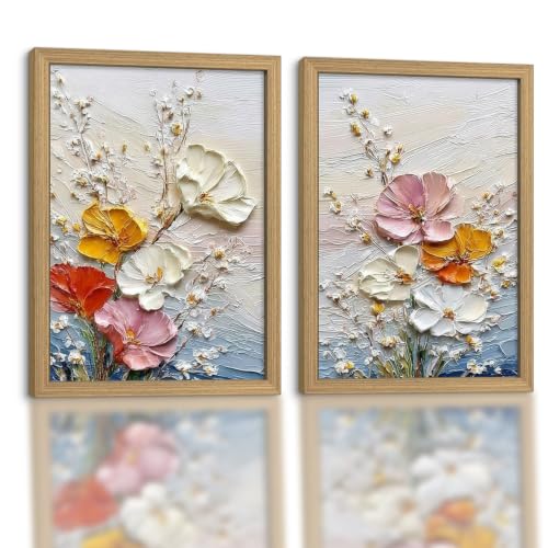 Framed 3d Textured Floral Canvas Wall Art Poster Prints 16X24 In 2p Be Hung | 3D Textured Floral Painting Prints Picture Poster, Ready To Hang Botanical Wall Decor For Living Room Bedroom Hallway Foyer - color: flowers 2-3, size: 16x24in