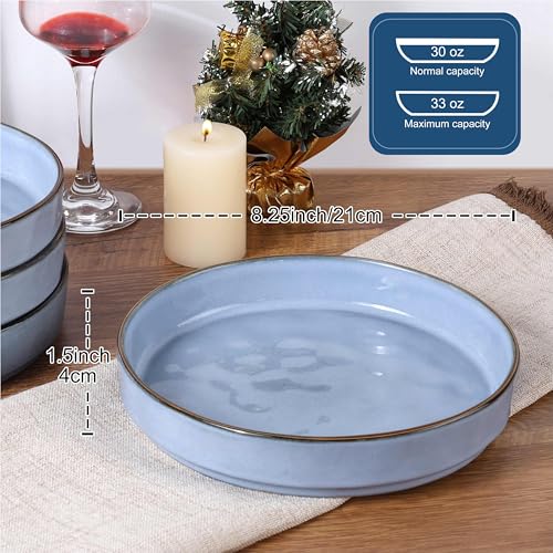 LIANYU Pasta Bowls Set of 4, 8.25’’ Wide Shallow Salad Serving Plate | Stoneware Ceramic Dinner Bowl Plates for Home Kitchen, Microwave & Dishwasher Safe, Serenity Blue - color: Serenity Blue